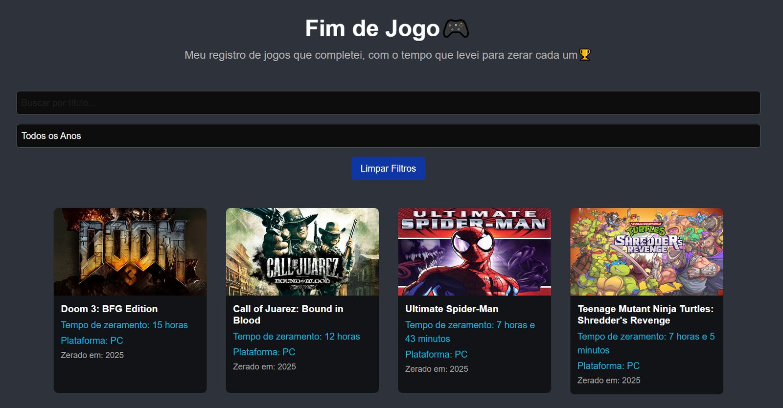 Screenshot do site Fim de Jogo
